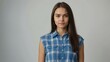 © Alteisen Riese - teen stunning brunette finnougric woman with blue shirt model portrait standing straight on a plain white background for ad concept space for text