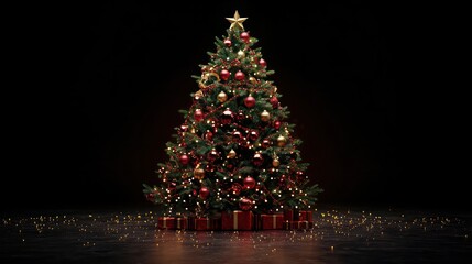 A large Christmas tree with many ornaments and a star on top. The tree is lit up and surrounded by a dark background