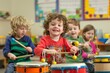 © WhimsyCreative - A group of preschool children are playing music in their classroom. They are smiling and having fun as they learn to play different instruments.
