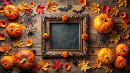 Wall Mural - Orange and black ornate frames with spider webs, bats, and jack-o-lanterns, surrounded by fall leaves and autumnal flowers, evoke a spooky Halloween atmosphere.