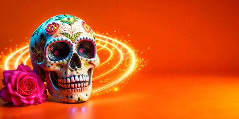 Glowing Calavera with Neon Rose in Digital Space concept as A digital artwork featuring a glowing calavera with a neon rose set against an abstract background with swirling patterns representing the f