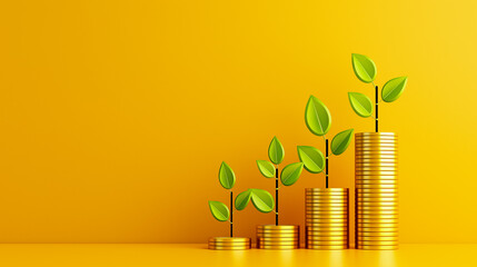 Stacks of gold coins increase in height, each topped with green leaves, symbolizing financial growth and sustainability on a bright yellow backdrop