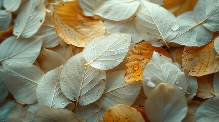 Wall Mural - Autumn Foliage Closeup: White Leaves Texture Background with Abstract Plant Elements