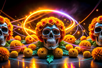 Glowing Marigolds with Neon Skulls in Digital Art concept as An abstract digital artwork featuring glowing marigolds intertwined with neon skulls set against a dark background with light trails repres