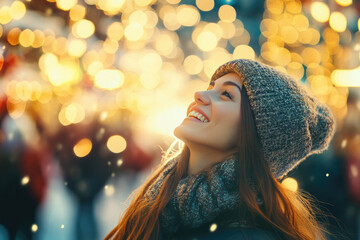 portrait woman happiness girl joyful in christmas light bokeh bright celebration smile beauty festive shine