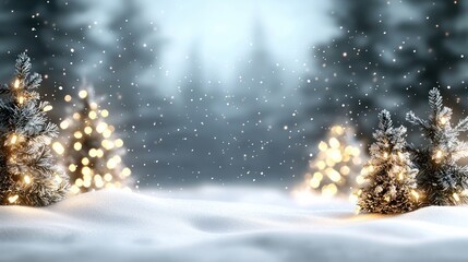 A snowy forest with two lit up Christmas trees. Scene is festive and cozy