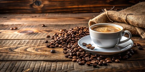 Wall Mural - Coffee cup and beans on rustic wooden surface, perfect for a cozy coffee shop ambiance