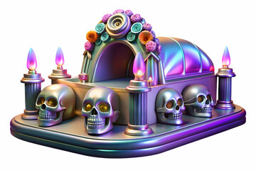 Holographic Altar with Glossy Skulls concept as Wide shot of a holographic altar adorned with glossy skulls isolated on a white background creating a vibrant and spiritual Dia de Muertos themed copy s