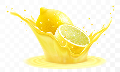 Wall Mural - Fresh ripe lemon falls into a splash of juice, isolated on transparent background. Realistic 3d vector illustration. Summer vitamin food and drink. Splash of lemon juice or smoothie, vitamin cocktail