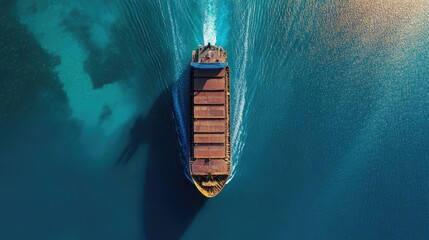 Aerial perspective of a large cargo ship with a clear contrail against blue waters, Cargo Ship, Aerial,Sea Transport