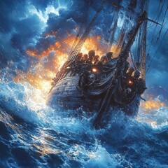 Wall Mural - Skeleton crew, sailing through a storm, cursed treasure on deck, Watercolor style