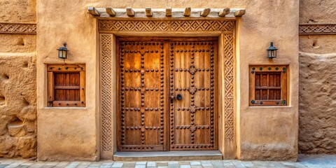 Restored wooden door of historic house in Ad Diriyah, showcasing traditional Arabian architecture and craftsmanship