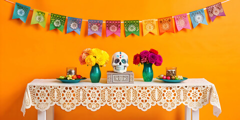 Holographic Papel Picado and Glossy Offering concept as Wide shot of a glossy offering table with holographic papel picado hanging above isolated on a white background with ample copy space perfect fo