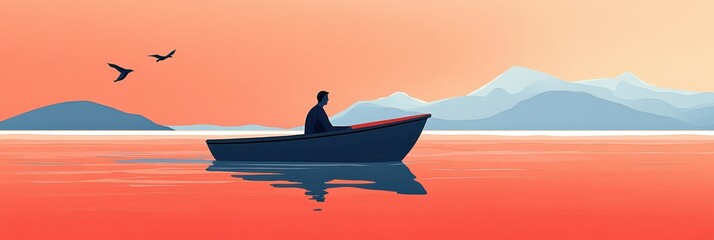 a man in a boat on the water with mountains in the background