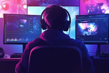 Wall Mural - simple drawing of a person editing gaming clips, [content creation], [video editing], no logo, no tr