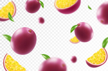 Wall Mural - flying ripe passion fruit. bright advertising background falling juicy passion fruit, realistic illu