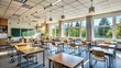 © Four888 - Rows of neatly arranged desks and chairs fill a well-lit high school classroom with inspirational posters and a whiteboard at the front wall.