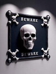 3D Skull and Crossbones Border with Beware Text concept as A dark and eerie border frame featuring skulls and crossbones at the edges with the word Beware in a sharp gothic font. The design includes g