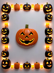 Flat Jack o Lantern and Candle Border with Glow Text concept as A spooky border frame featuring glowing jack o lanterns and candles at the corners with the word Glow in a warm inviting font. The desig