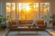 © CreativePulse - A sleek, modern living room with minimalist furniture, large glass windows allowing soft, natural light to pour in, with intricate wooden trim accents and a cozy brown leather chair positioned near a