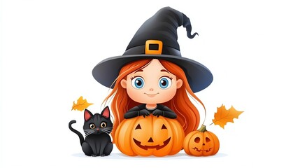 A cute cartoon witch with red hair, black cat, and pumpkins, perfect for Halloween-themed illustrations and decorations.