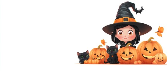 Wall Mural - A cheerful witch character with pumpkins and black cats, perfect for Halloween-themed illustrations and festive decorations.