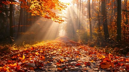 Wall Mural - peaceful autumn forest trail carpeted with colorful fallen leaves and filtered sunlight