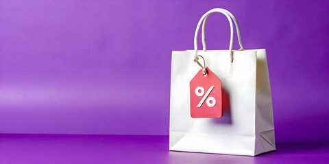 Shopping Bag with Discount Tag Vector concept as Vector of a shopping bag with a discount tag hanging from the handle isolated on a white background symbolizing Black Friday shopping deals with a slee