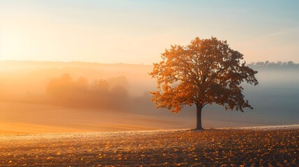 Wall Mural - peaceful autumn morning with lone tree and misty fields at golden sunrise