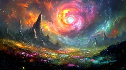 Wall Mural - A vibrant cosmic landscape featuring swirling colors and stunning celestial formations. The scene captivates with its richness and depth. Perfect for backgrounds and digital art. AI