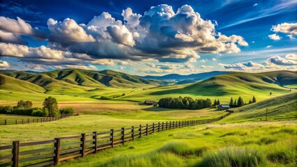  Serene summer landscape of rolling hills, green pastures, and rustic fences under a vast blue sky with wispy white clouds in rural Idaho countryside.