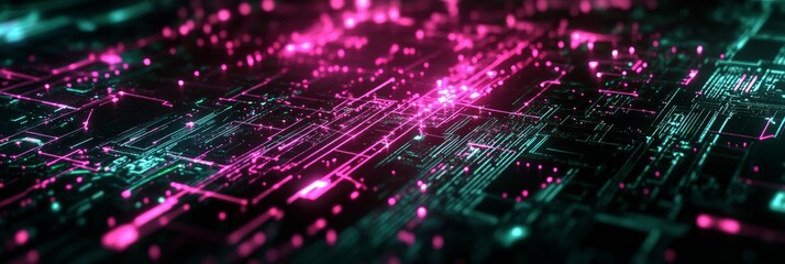 Canvas Print - Abstract Circuitry with Pink and Green Neon Lights - A close-up of a circuit board with glowing pink and green neon lights, symbolizing technology, innovation, data flow, connectivity, and the future.