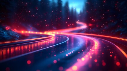 3D rendering of an abstract road background with communication network lines, featuring blurred background effects.