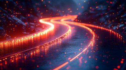 Futuristic 3D rendering of a road background with graphic lines of communication networks and a subtly blurred background.