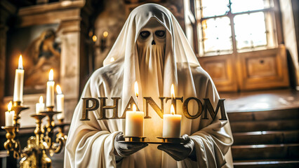 3D Ghost and Candle with Phantom Text concept as An isolated vector featuring a ghost holding a candle with the word Phantom in an eerie font. The elements are set against a white background perfect f