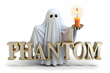 3D Ghost and Candle with Phantom Text concept as An isolated vector featuring a ghost holding a candle with the word Phantom in an eerie font. The elements are set against a white background perfect f