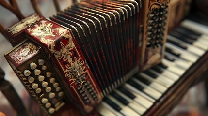 A detailed close-up of a classic accordion with its intricate buttons and keys, resting on a vintage wooden chair. 32k, full ultra hd, high resolution