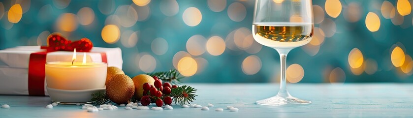 A festive holiday scene featuring a glowing candle, Christmas decorations, and a glass of white wine against a soft bokeh background.