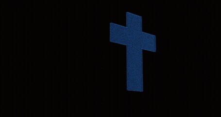 Blue cross on dark background with grainy texture representing spirituality and religion with isolated focus on religious symbol and ample copy space on the left side.