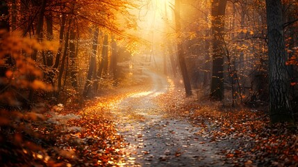 Wall Mural - tranquil autumn forest with winding path and golden sunlight through trees
