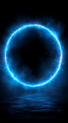 Wall Mural - Glowing blue neon circle ring on dark background with smoky clouds.