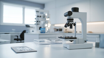 modern microscope on a laboratory table in a bright, sterile lab environment. the image emphasizes s