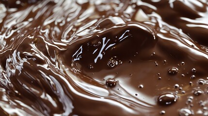 A close-up view of smooth, flowing melted chocolate, showcasing its rich texture and glossy surface. 