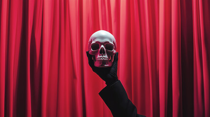 A gloved hand holding a white skull against a background of red velvet curtains, creating a dramatic and theatrical atmosphere