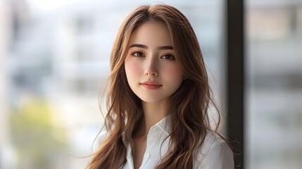 A young woman with long hair smiles softly while posing in a modern indoor setting, evoking a sense of warmth and approachability. 