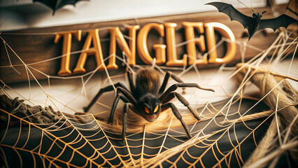 3D Spider Web and Bat with Tangled Text concept as An isolated vector featuring a spider web with a bat caught in it and the word Tangled in a spooky font. The elements are set against a white backgro