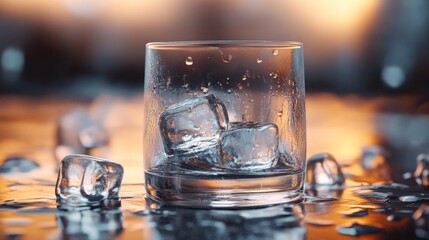 Crystal Clear Ice Cubes in a Glass on a Wet Surface - A close-up of a glass filled with ice cubes, resting on a wet surface. The glass is condensation, highlighting the coolness of the ice. The ice cu