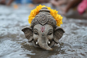 Ceremonial Ganesha idol submerged in water during a vibrant festival celebration, symbolizing prosperity and new beginnings.