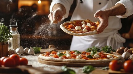 Wall Mural - A skilled chef creates a delicious pizza in a cozy kitchen. Flour is sprinkled over the dough, and fresh ingredients are added. This culinary art is vibrant and inviting. AI