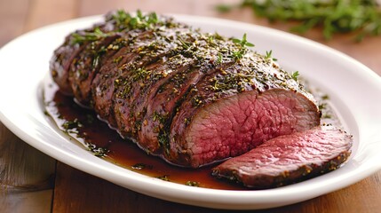 A beautifully prepared roast beef dish garnished with fresh herbs, showcasing a juicy and tender interior. 